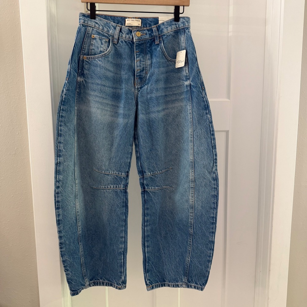 Free People We The Free Good Luck Mid-Rise Barrel Jeans Blue 25 NWT Boho